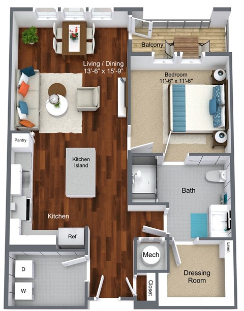Floor plan for 1 bed, 1 bath, 840 sqft